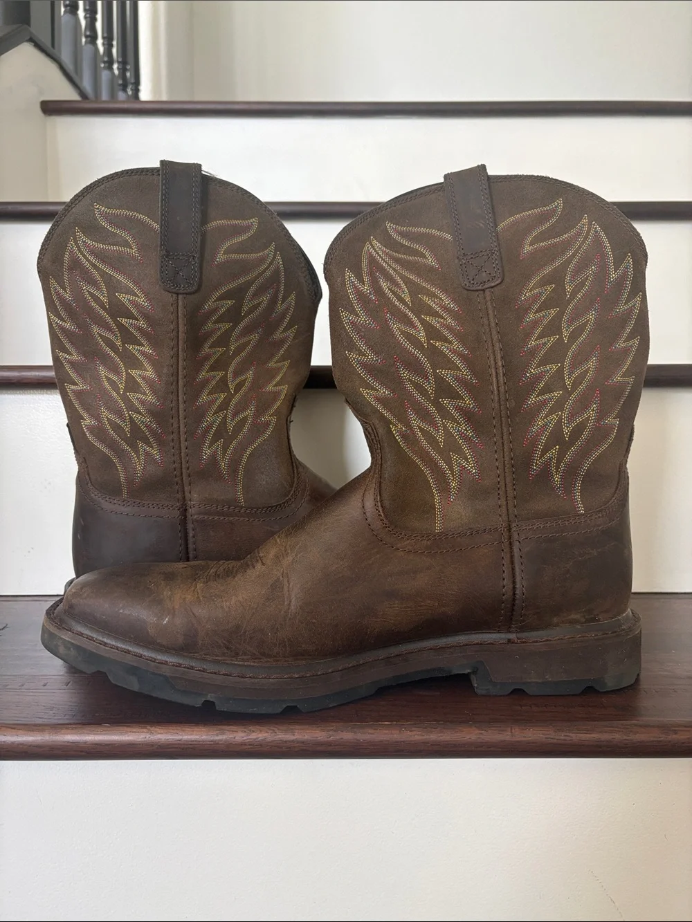 Ariat Brown Leather Western Work Boots with Multi-Color Stitching